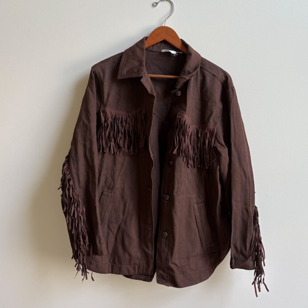 NWT BluIvy Brown Denim Fringe Jacket - Brown (Size S)